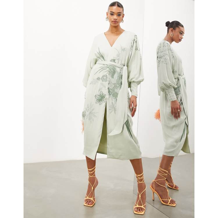 asos sage green midi dress EDITION embroidered satin belted v neck in sophisticated formal dress