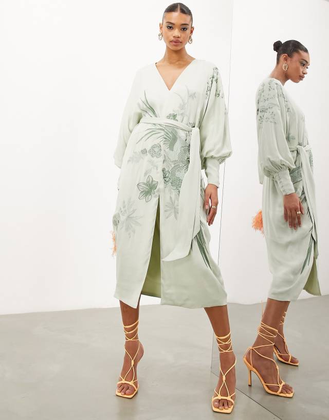 ASOS EDITION - embroidered satin belted v neck midi dress in sage green