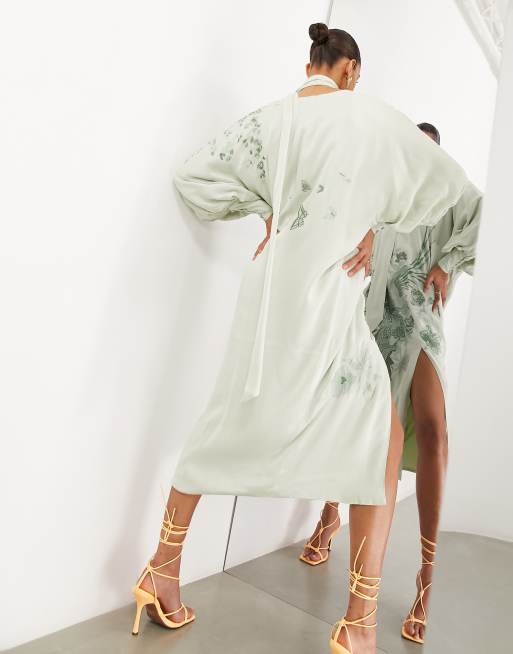 asos edition floral embroidered belted midi dress in satin ASOS EDITION embroidered satin belted v neck midi dress in sage green