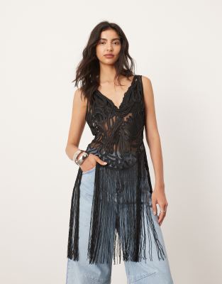 Asos Design Embroidered Satin Cornelli Crop Top With Fringe Hem In Black