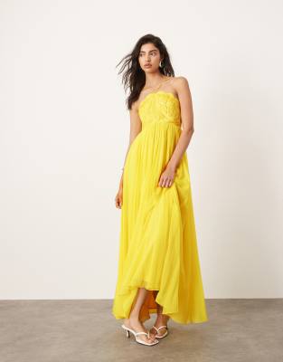 Asos Design Embroidered Satin Cornelli Maxi Dress With Chiffon Skirt In Yellow