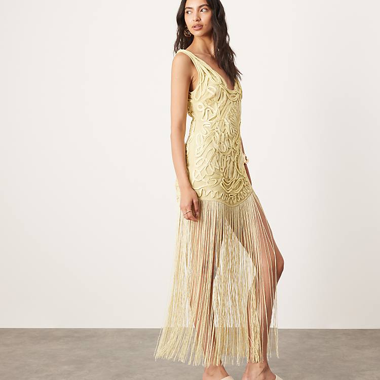 asos yellow satin dress Plunge Strappy Midi With Tie Front in and delicate lace inserts for a feminine touch ASOS Design - Satin High