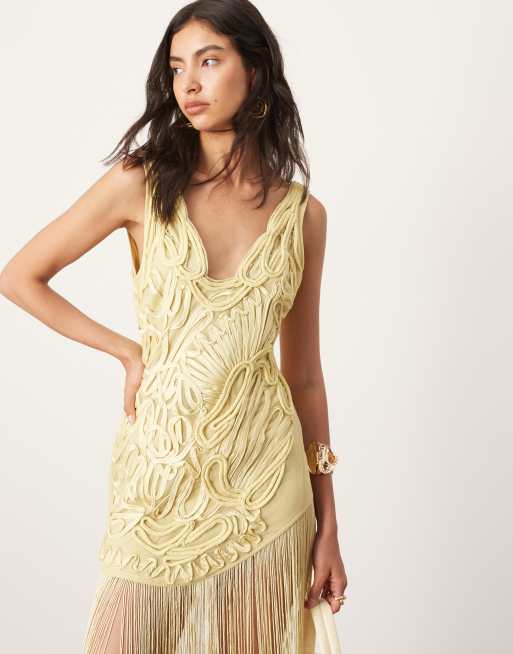 ASOS EDITION embroidered satin cornelli maxi dress with fringe detail in yellow