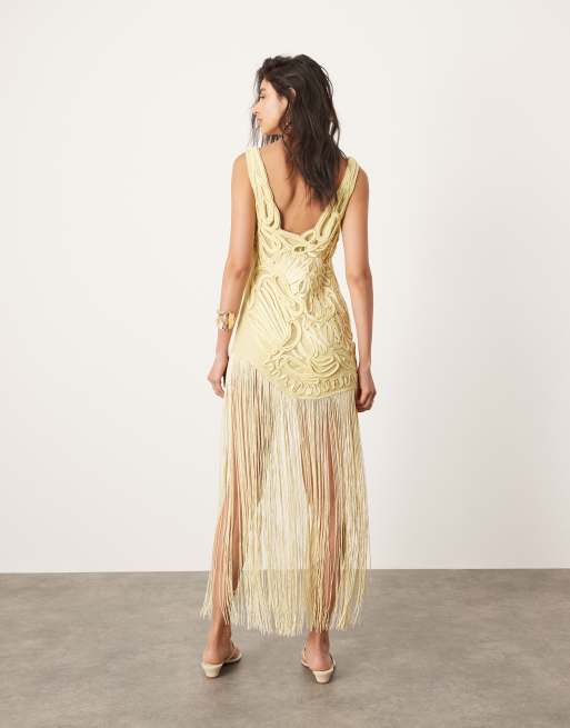 ASOS EDITION embroidered satin cornelli maxi dress with fringe detail in yellow