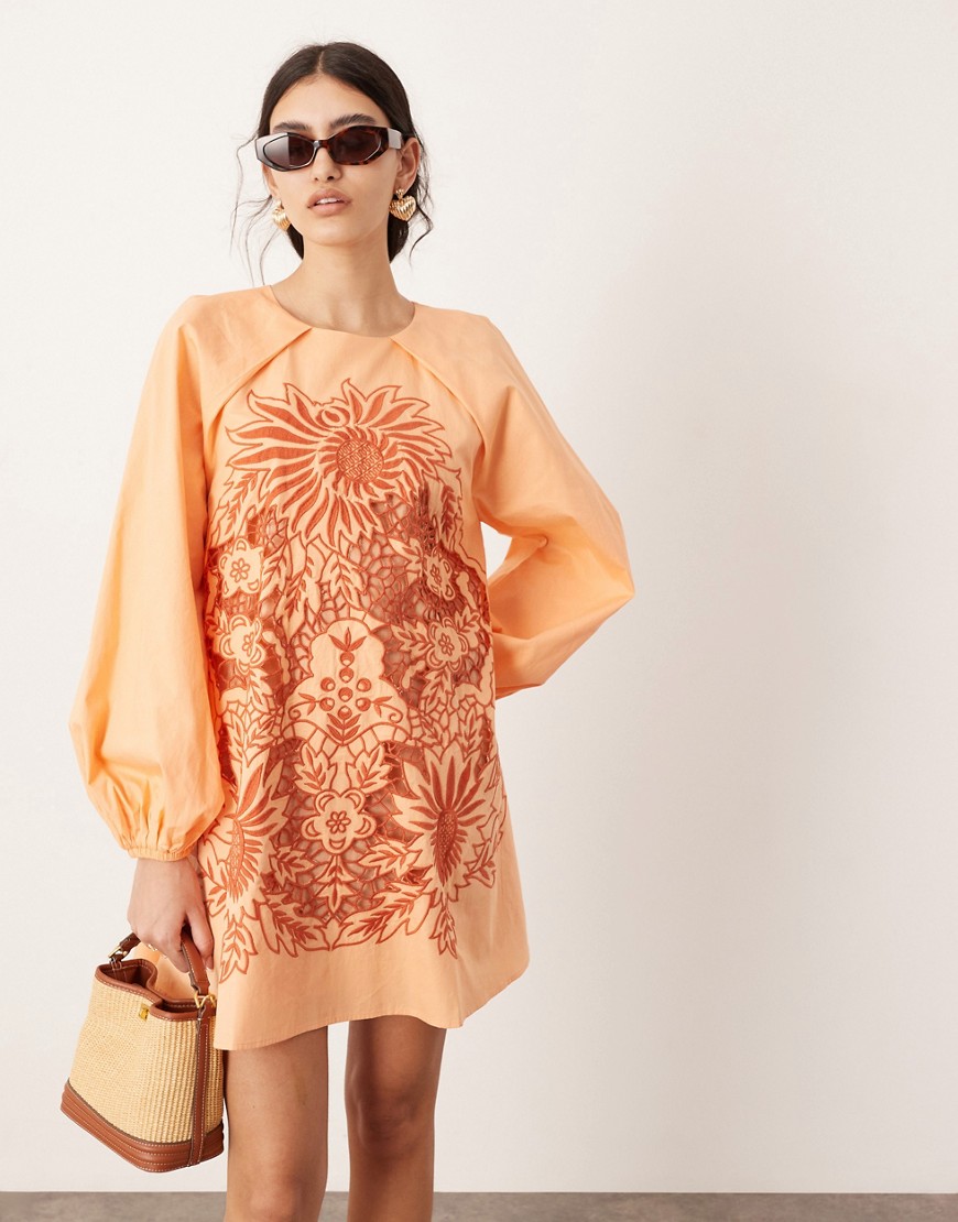 Asos Design Embroidered Trapeze Mini Dress With Balloon Sleeve In Orange
