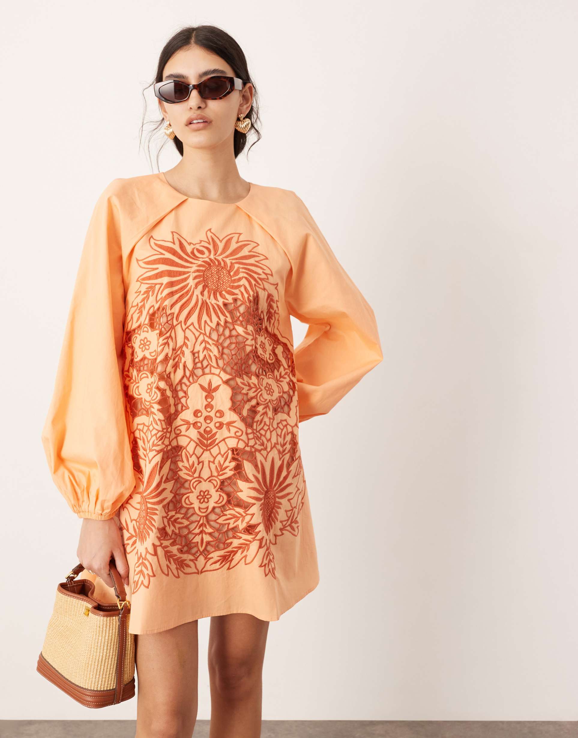 asos edition embroidered trapeze mini dress with balloon sleeve in orange