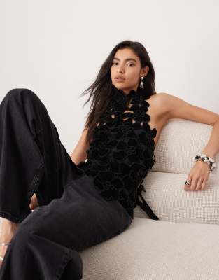 ASOS EDITION ASOS EDITION embroidered velvet quilted cut work halterneck high neck top in black