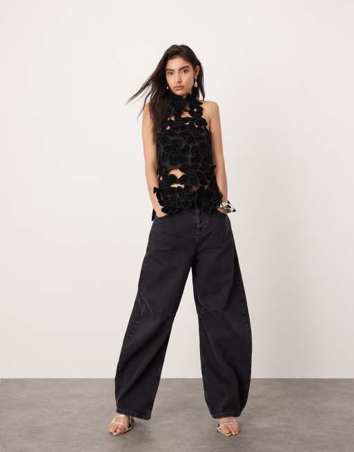 ASOS EDITION embroidered velvet quilted cut work halterneck high neck top in black