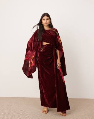 ASOS EDITION ASOS EDITION embroidered volume flare sleeve grecian cut out velvet maxi dress in burgundy