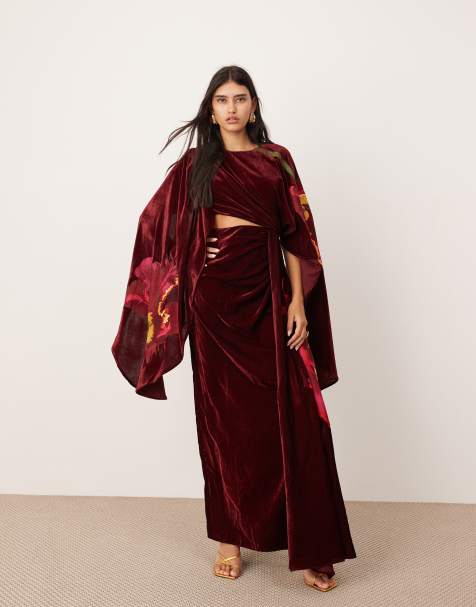 ASOS EDITION embroidered volume flare sleeve grecian cut out velvet maxi dress in burgundy - view 1