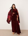 [ASOS EDITION] ASOS EDITION embroidered volume flare sleeve grecian cut out velvet maxi dress in burgundy 10 Burgundy