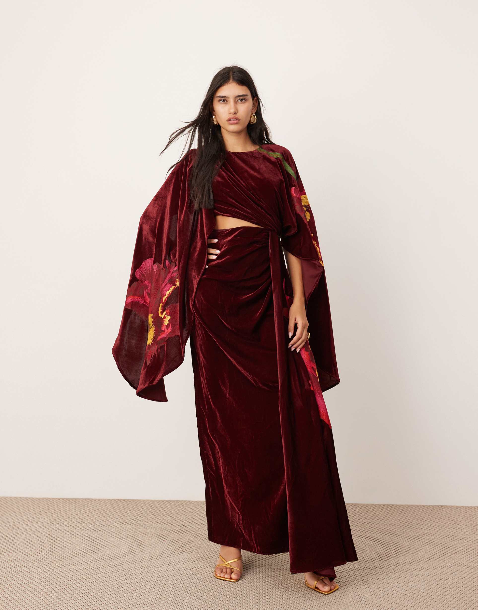 asos edition embroidered volume flare sleeve grecian cut out velvet maxi dress in burgundy