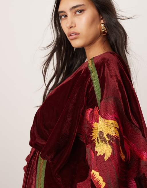 ASOS EDITION embroidered volume flare sleeve grecian cut out velvet maxi  dress in burgundy | ASOS