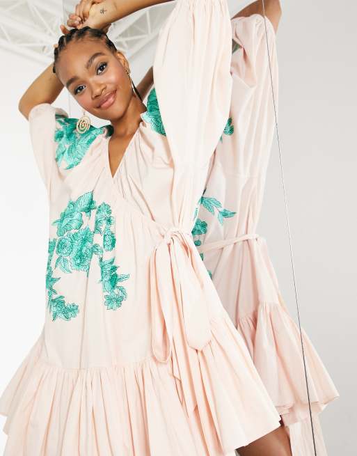 ASOS EDITION embroidered wrap mini dress with tiered hem in candy pink
