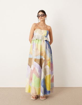 Asos Design Empire Cami Midi Dress In Pastel Abstract Print-multi