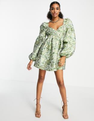 ASOS EDITION empire mini dress in green floral jacquard