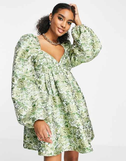 ASOS EDITION empire mini dress in green floral jacquard | ASOS