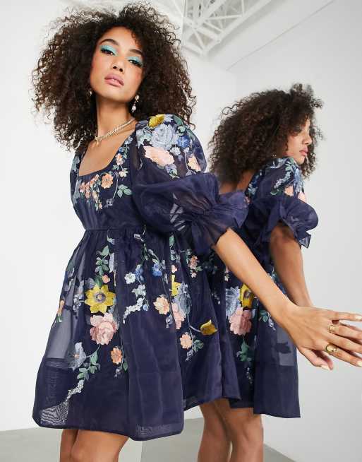 ASOS EDITION empire mini dress in organza with floral embroidery in navy