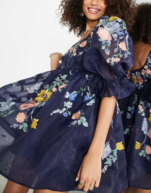 Navy floral 2024 embroidered dress