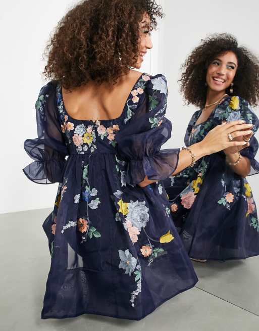 Floral embroidery mesh empire dress