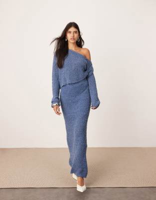 ASOS EDITION - Ensemble en maille fine avec jupe longueur mollet et pull court à épaules dénudées et détail torsadé - Bleu ardoise - view 1