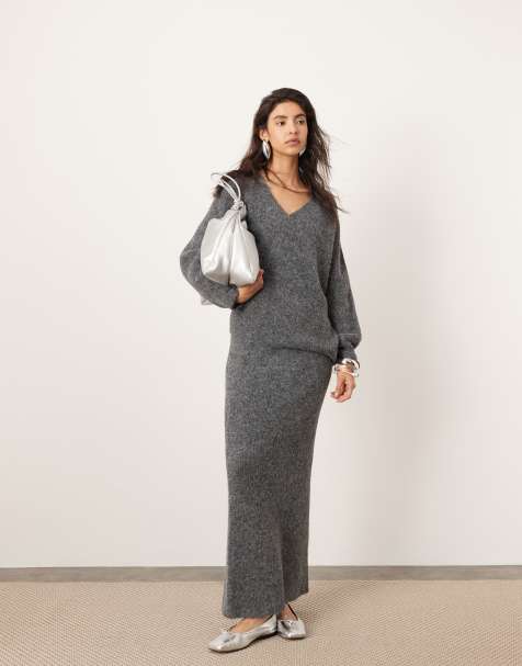 ASOS EDITION - Ensemble pull oversize à col V et jupe longue en maille - Anthracite - view 1