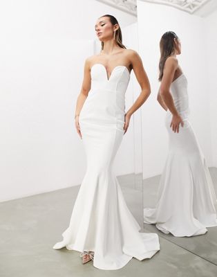 Asos Design Etta Crepe Sculpted Bandeau Maxi Wedding Dress In Ivory-white