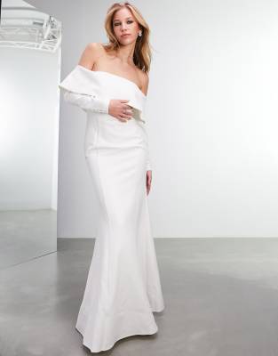 Asos Design Everly Off Shoulder Long Sleeve Crepe Wedding Dresswhite ModeSens