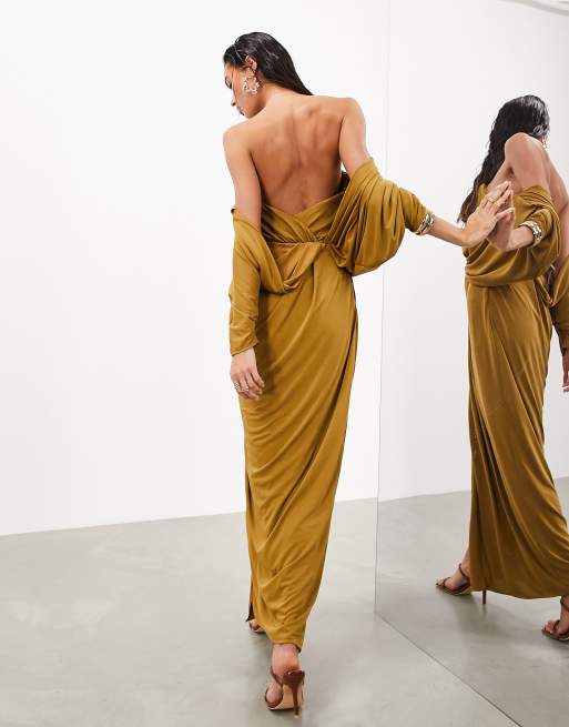 ASOS Edition – Extrem tief ausgeschnittenes, langärmliges, drapiertes Maxikleid in Ocker, 3 von 4