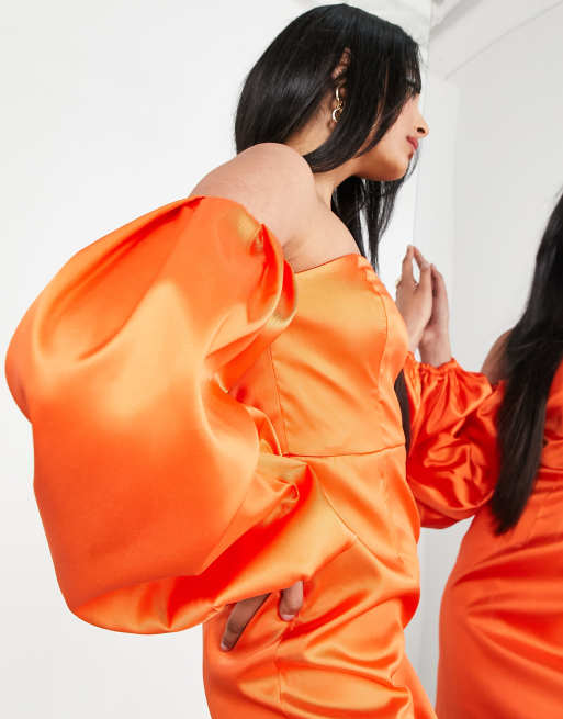 ASOS EDITION extreme blouson sleeve mini dress in satin in orange