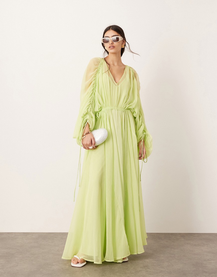 Asos Design Extreme Chiffon Gathered Waist Maxi Dress In Apple Green