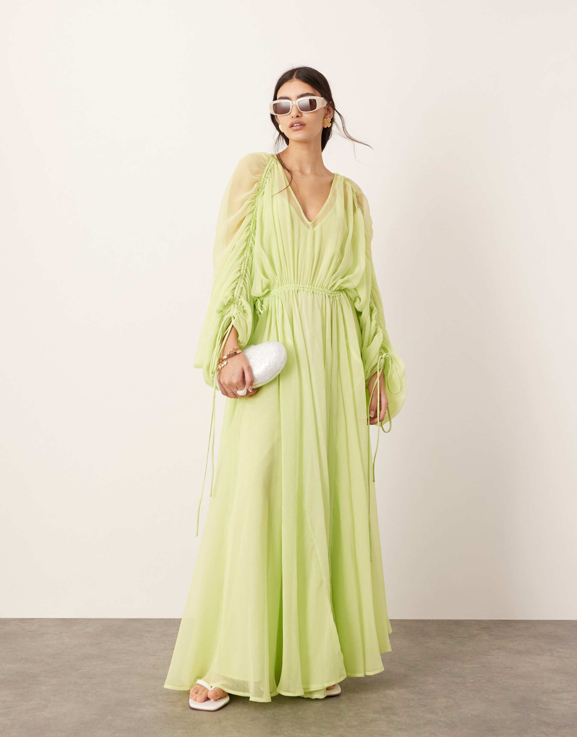 asos edition extreme chiffon gathered waist maxi dress in apple green