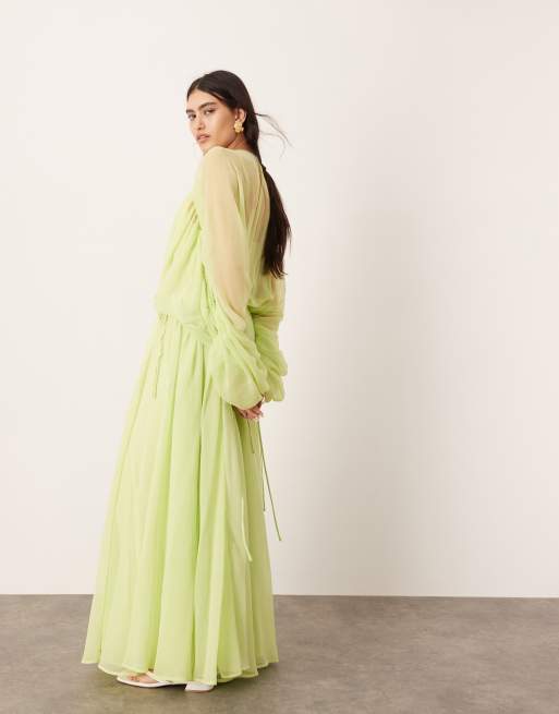 ASOS EDITION extreme chiffon gathered waist maxi dress in apple green, 3 of 4