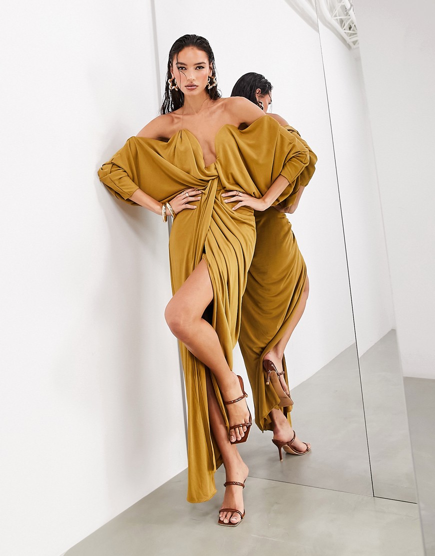 asos edition extreme plunge draped long sleeve maxi dress in ochre-brown