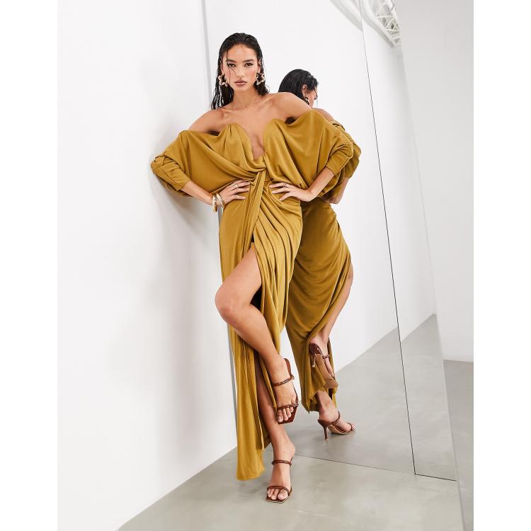 ASOS EDITION extreme plunge draped long sleeve maxi dress in ochre