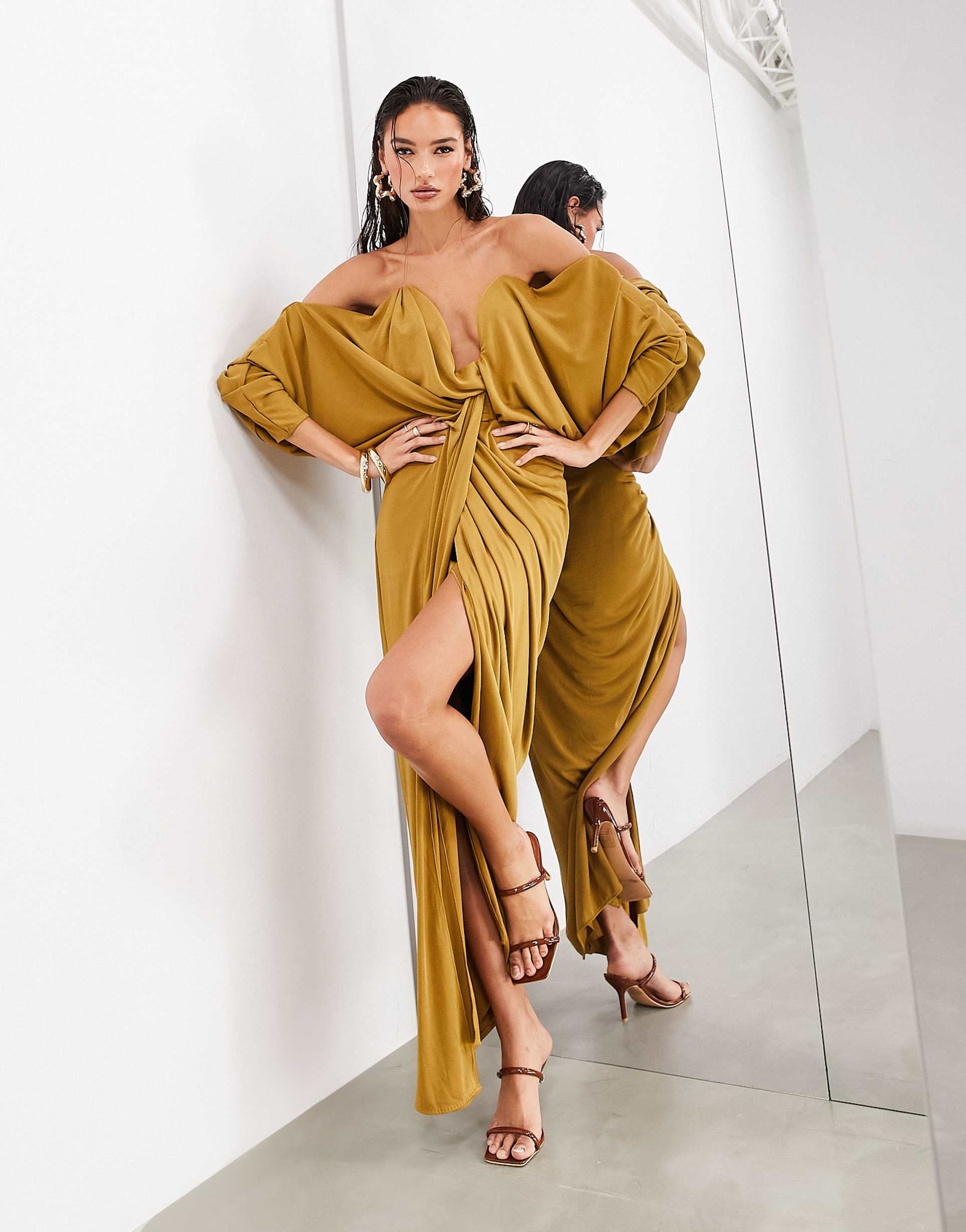 asos edition extreme plunge draped long sleeve maxi dress in ochre