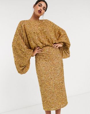ASOS EDITION extreme sleeve sequin midi dress-Gold