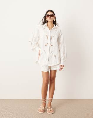 Asos Design Eyelet Cut Work Boxy Shorts In White - Part Of A Set