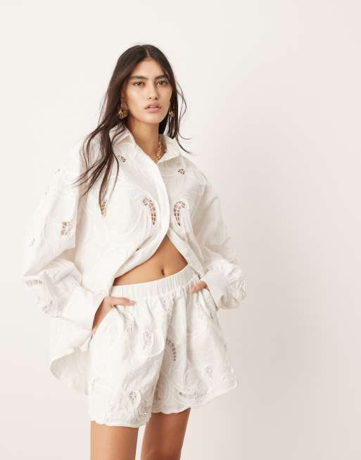 ASOS EDITION eyelet cut work boxy shorts in white - part of
