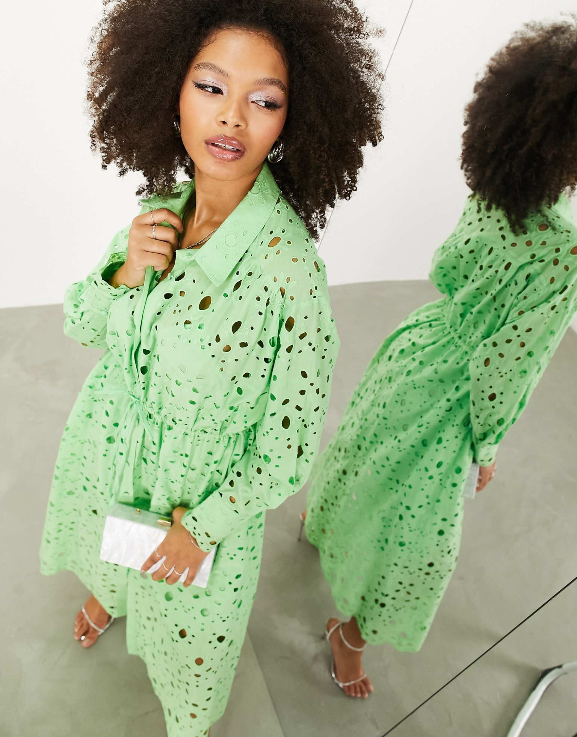 asos edition eyelet drawstring long sleeve midi shirt dress in bright green