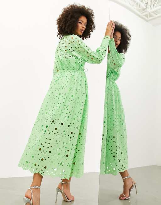 ASOS EDITION eyelet drawstring long sleeve midi shirt dress in bright green