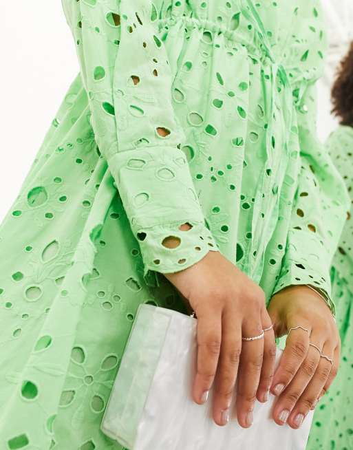 Green spot drawstring cheap waist midi shirt dress