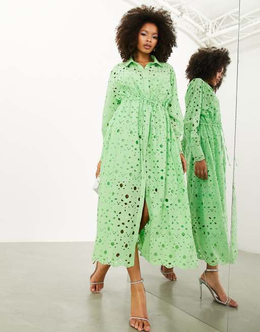 Green Abstract Print 3/4 Sleeve Midi Shirt Dress