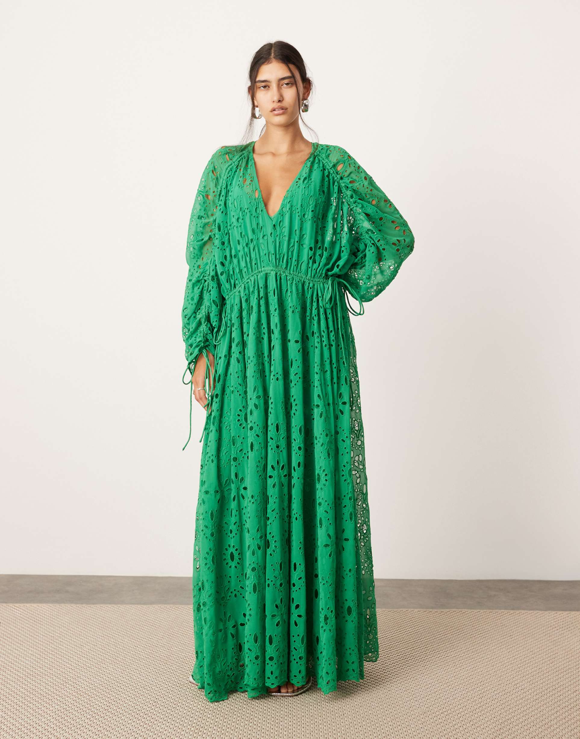 asos edition eyelet extreme gathered waist maxi dress in green