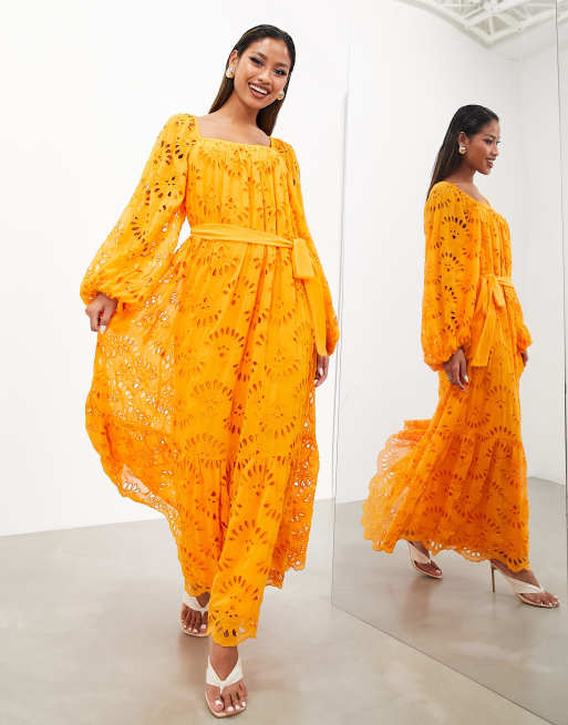 ASOS EDITION eyelet long sleeve maxi dress with belt in orange