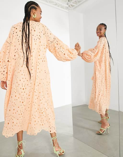 ASOS EDITION eyelet midi dress with blouson sleeves and tie front, 2 of 4