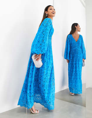 Capri Blue Eyelet Embroidered Layered Ruffle Smock Off Shoulder Maxi Dress