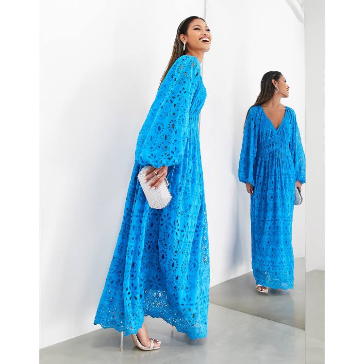 ASOS EDITION eyelet oversized v neck smock maxi dress in bright blue | ASOS