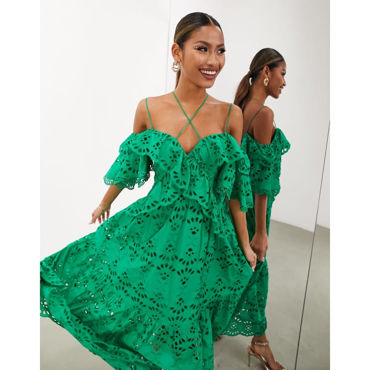 ASOS EDITION eyelet strap detail ruffle midi dress in bright green | ASOS