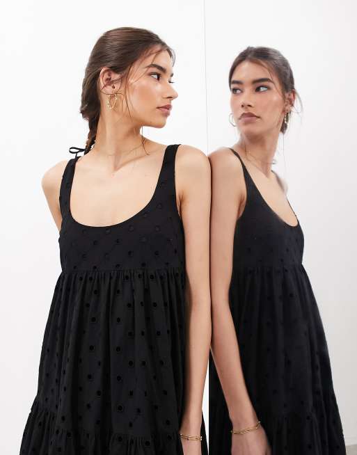 ASOS EDITION eyelet super full scoop neck tiered maxi dress in black, 2 of 4